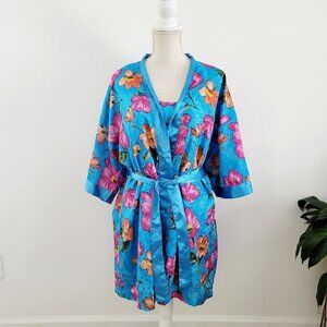 Vanity Fair Vintage VTG Floral Blue Satin Matching Robe Chemise Nighty Short L